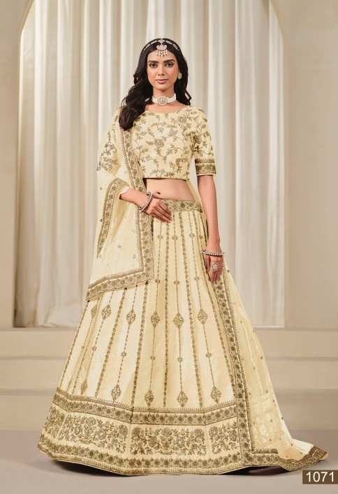 Cream Embroidered Art Silk Lehenga Choli for Wedding